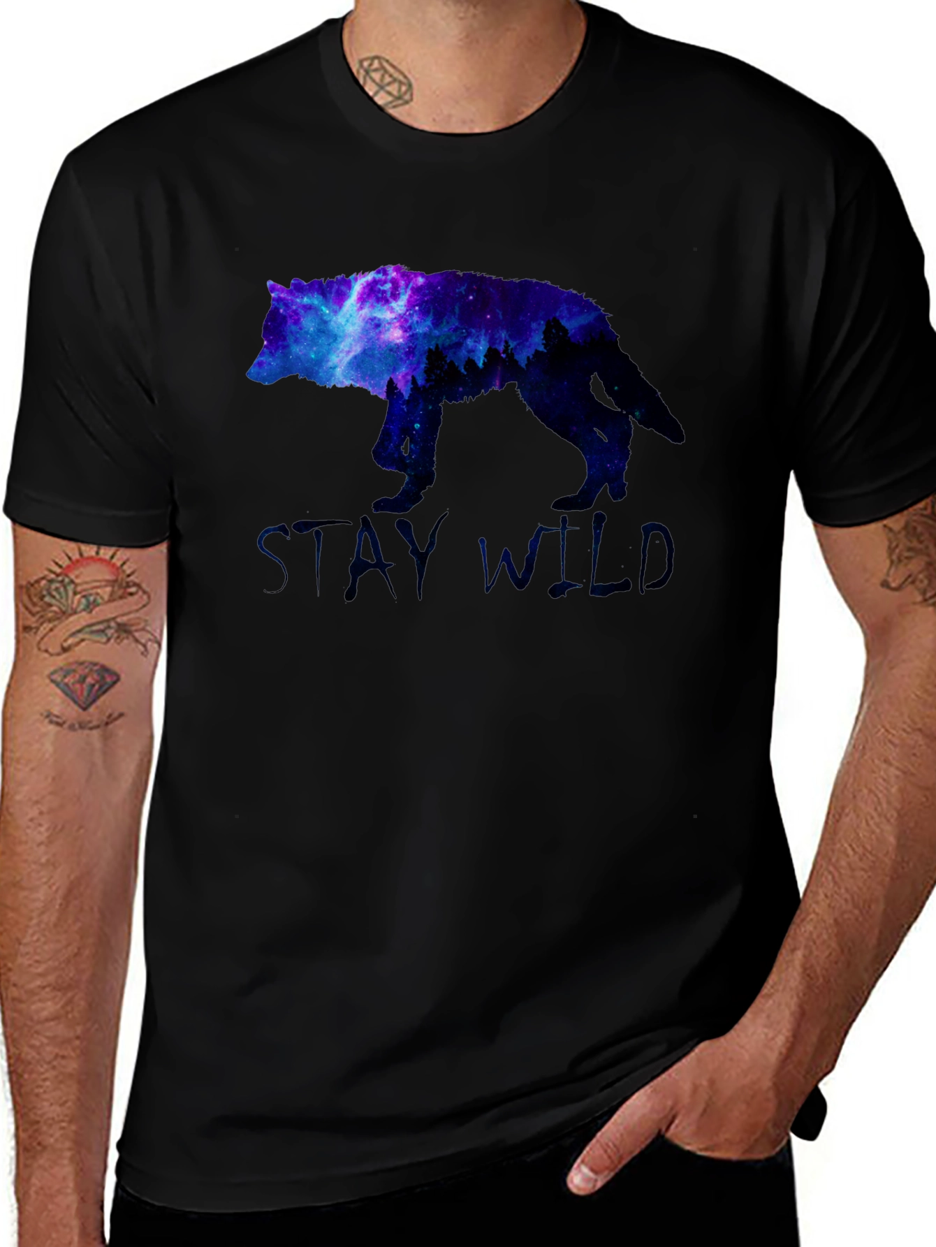 Stay Wild Wolf Galaxy Graphic Print Black T-Shirt