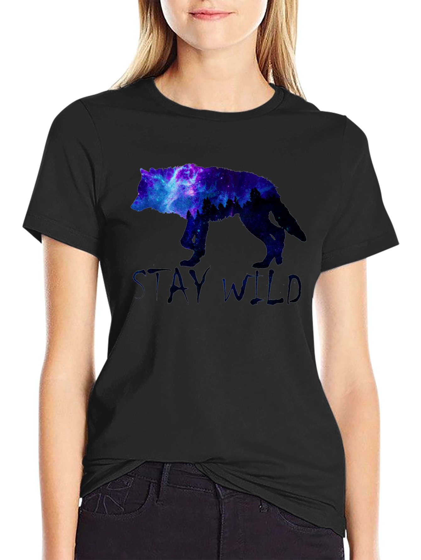 Stay Wild Wolf Galaxy Graphic Print Black T-Shirt