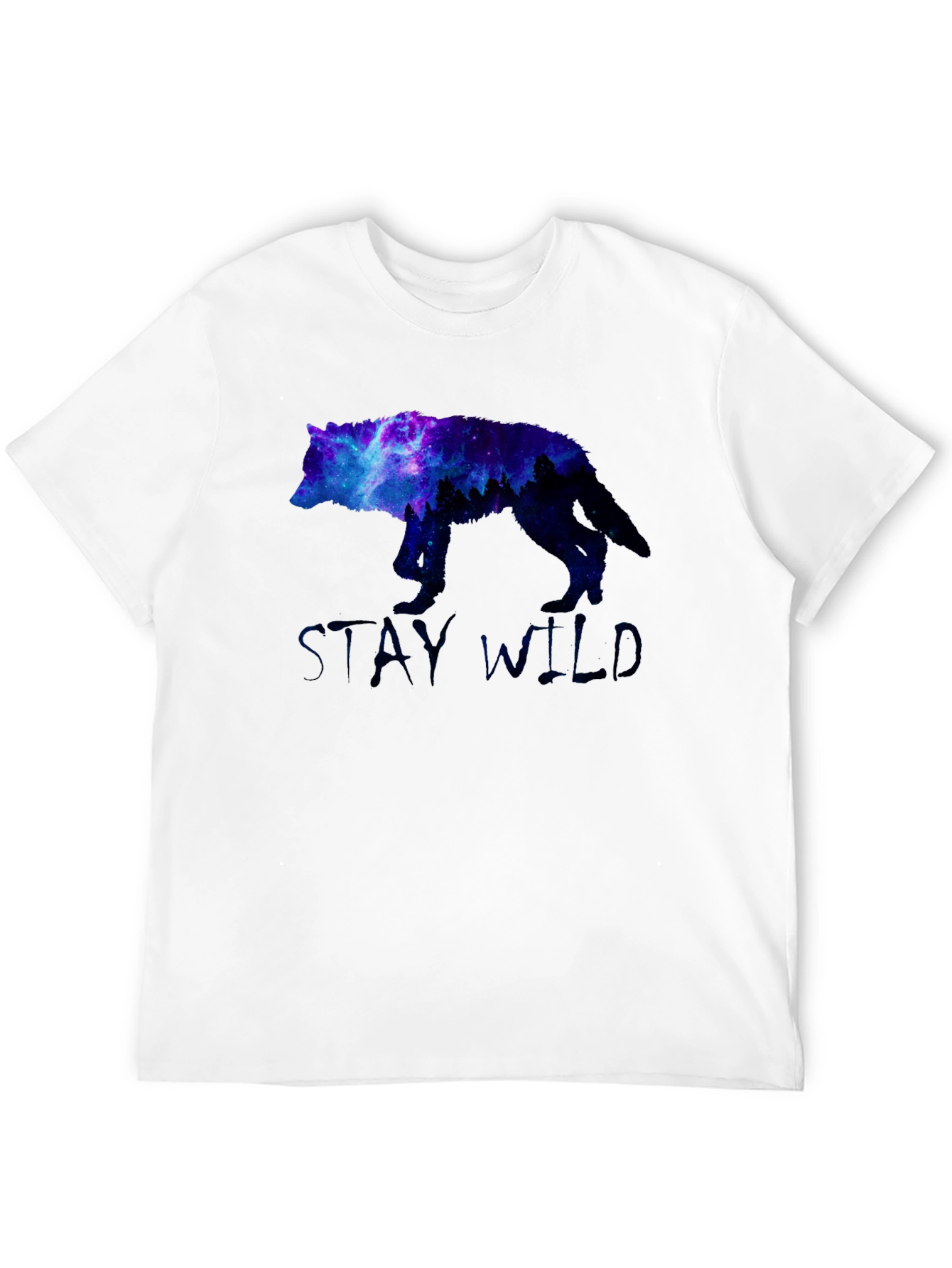 Stay Wild Wolf Galaxy Graphic Print Black T-Shirt