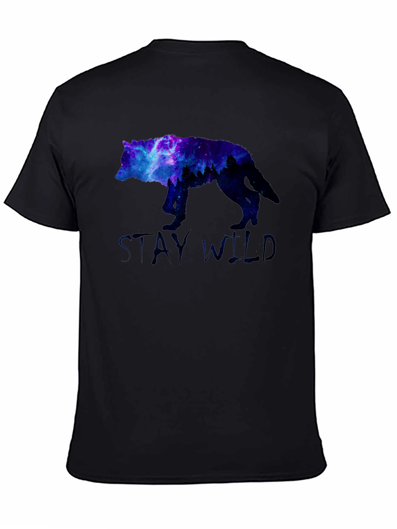 Stay Wild Wolf Galaxy Graphic Print Black T-Shirt