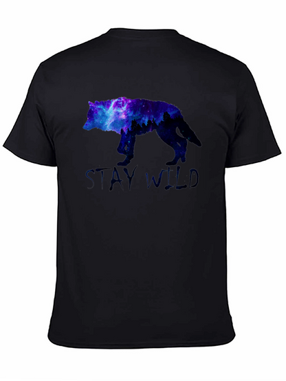 Stay Wild Wolf Galaxy Graphic Print Black T-Shirt