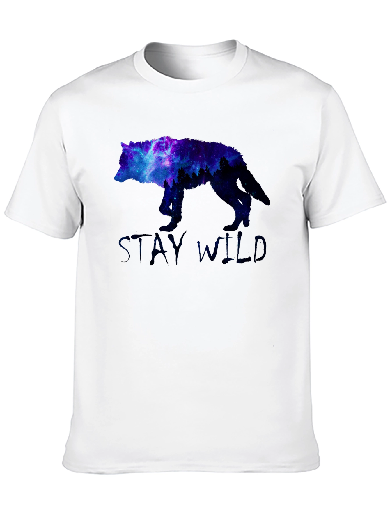 Stay Wild Wolf Galaxy Graphic Print Black T-Shirt