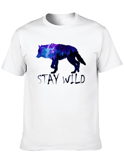 Stay Wild Wolf Galaxy Graphic Print Black T-Shirt