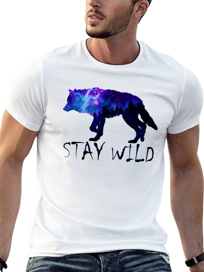 Stay Wild Wolf Galaxy Graphic Print Black T-Shirt