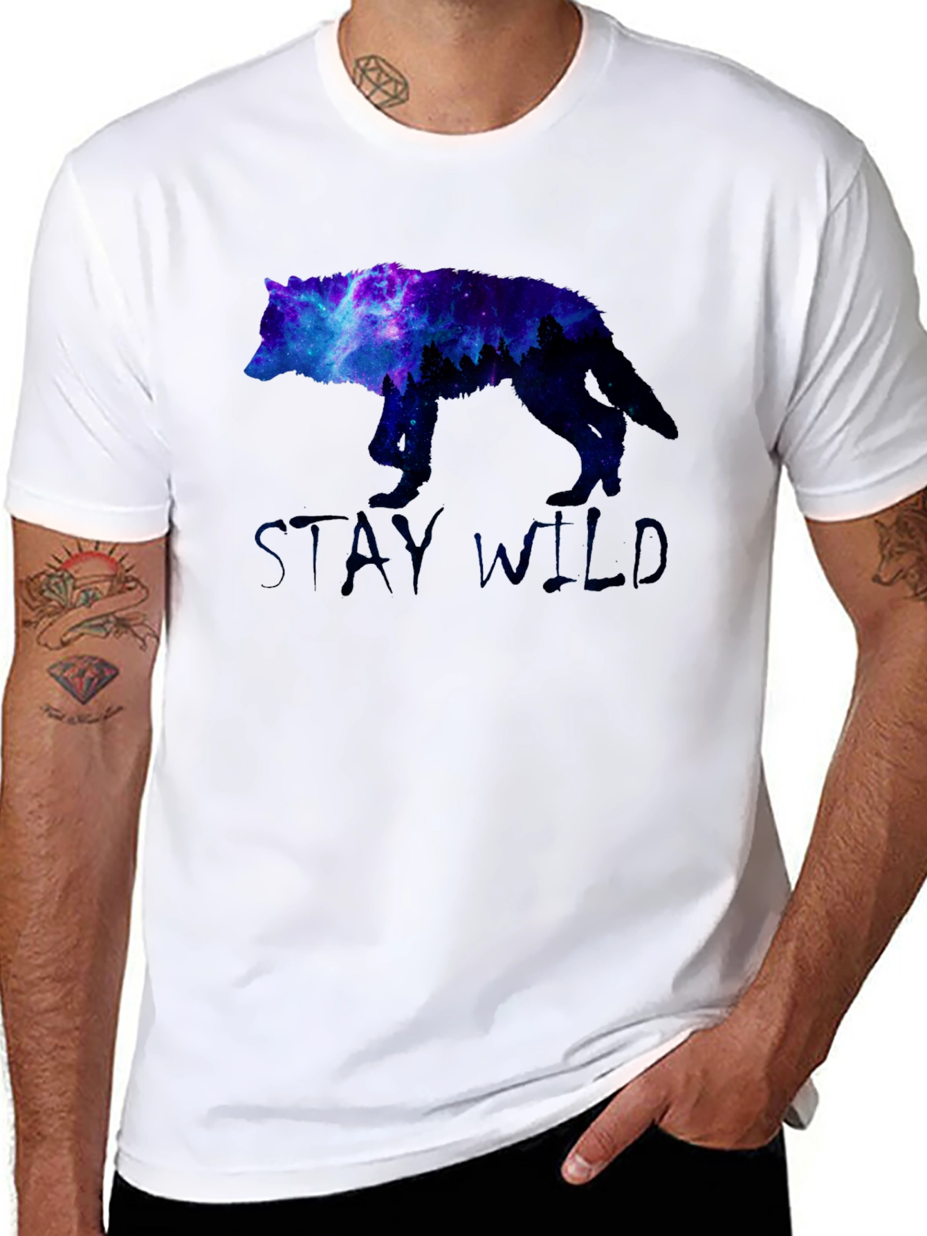 Stay Wild Wolf Galaxy Graphic Print Black T-Shirt