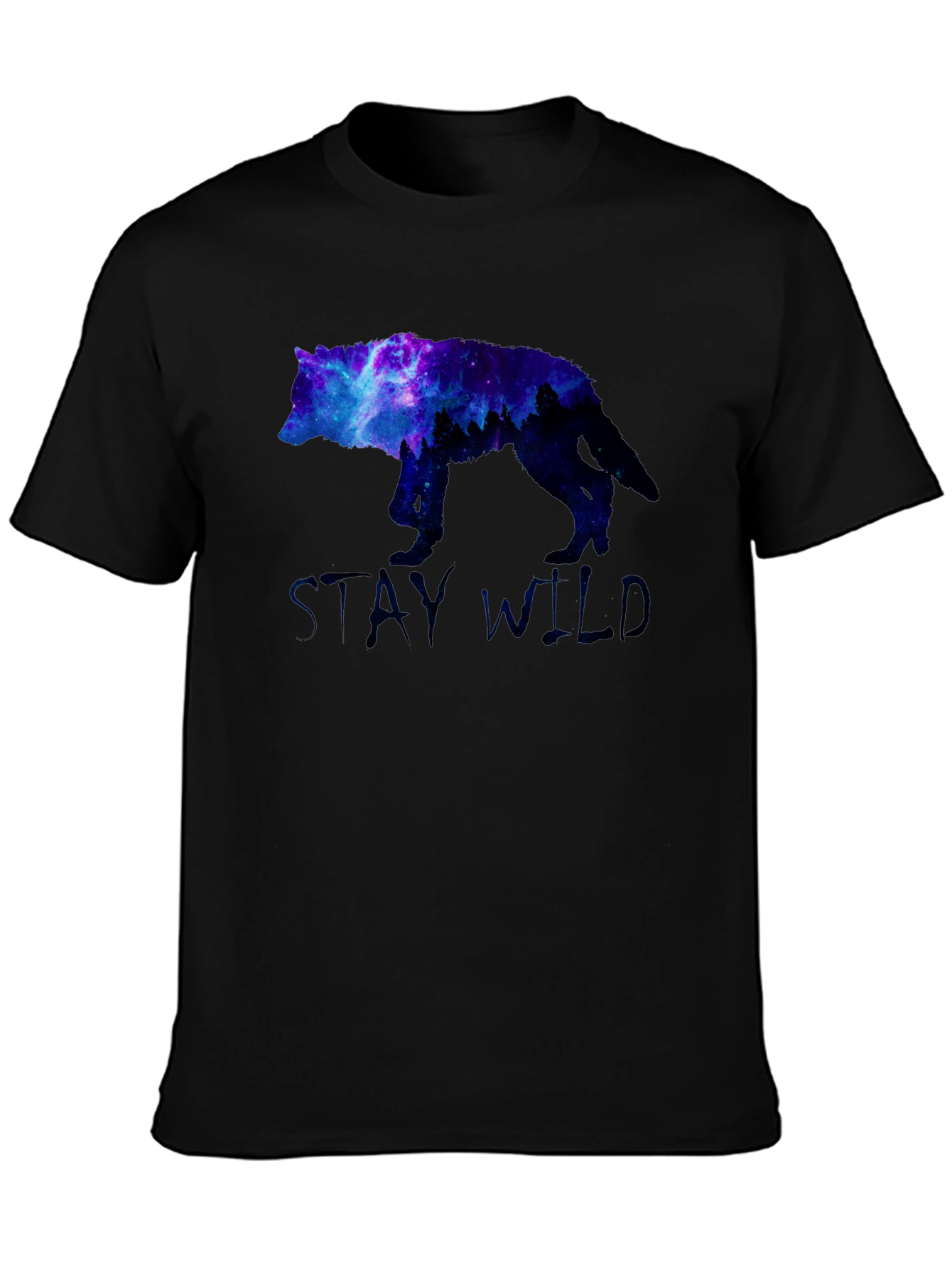 Stay Wild Wolf Galaxy Graphic Print Black T-Shirt