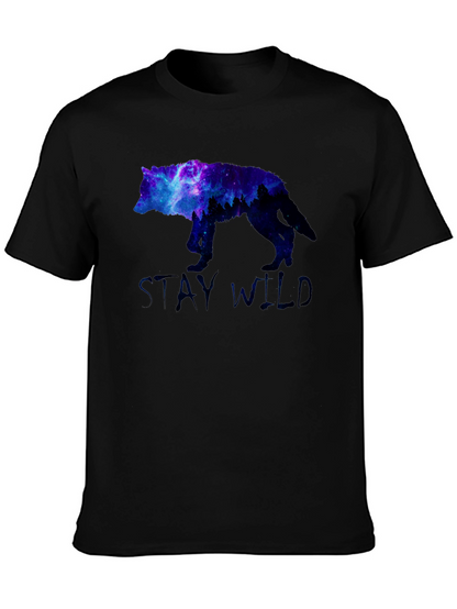 Stay Wild Wolf Galaxy Graphic Print Black T-Shirt