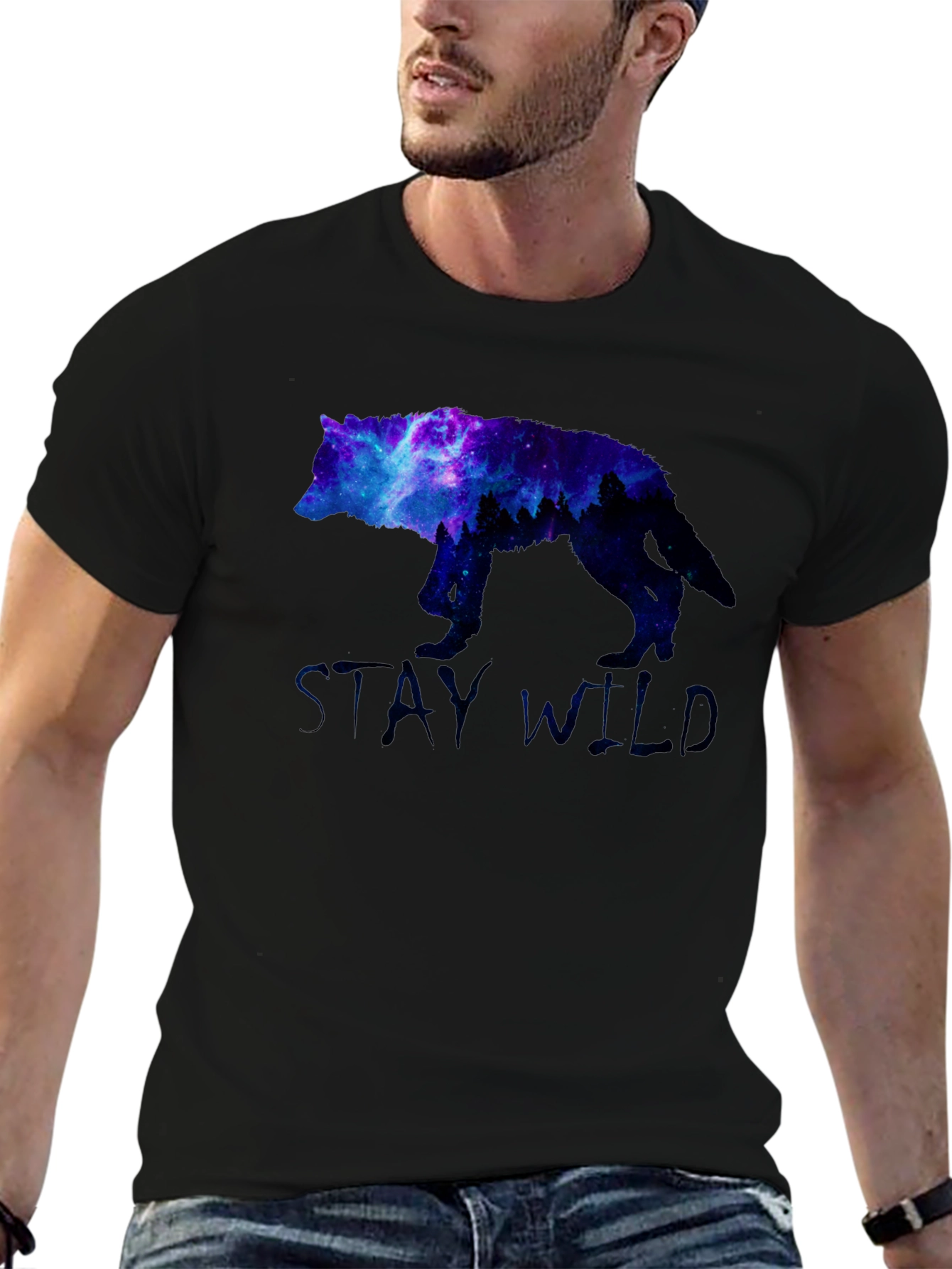 Stay Wild Wolf Galaxy Graphic Print Black T-Shirt