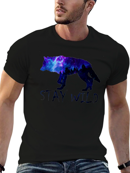 Stay Wild Wolf Galaxy Graphic Print Black T-Shirt