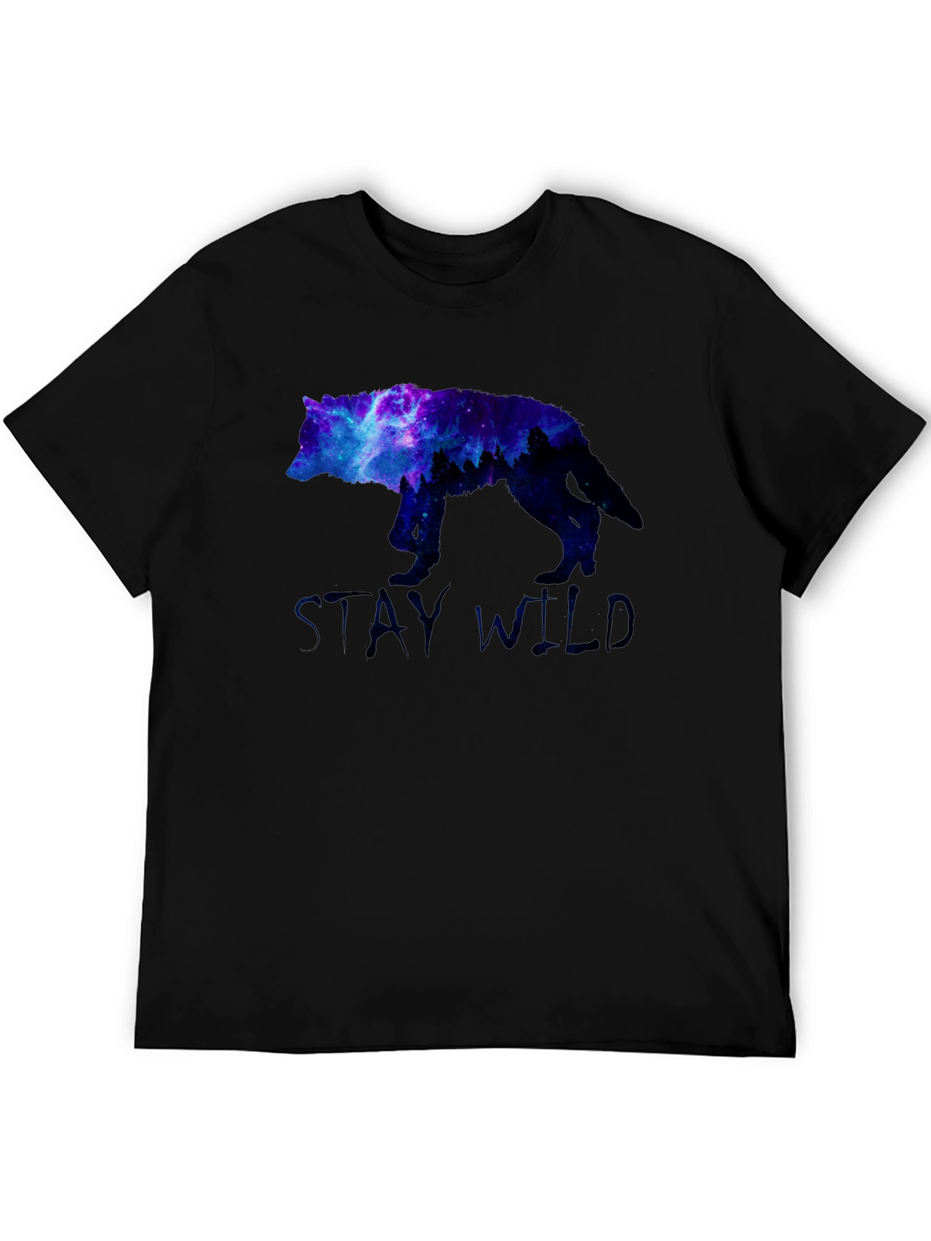 Stay Wild Wolf Galaxy Graphic Print Black T-Shirt