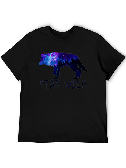 Stay Wild Wolf Galaxy Graphic Print Black T-Shirt