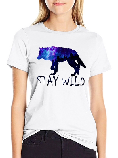 Stay Wild Wolf Galaxy Graphic Print Black T-Shirt