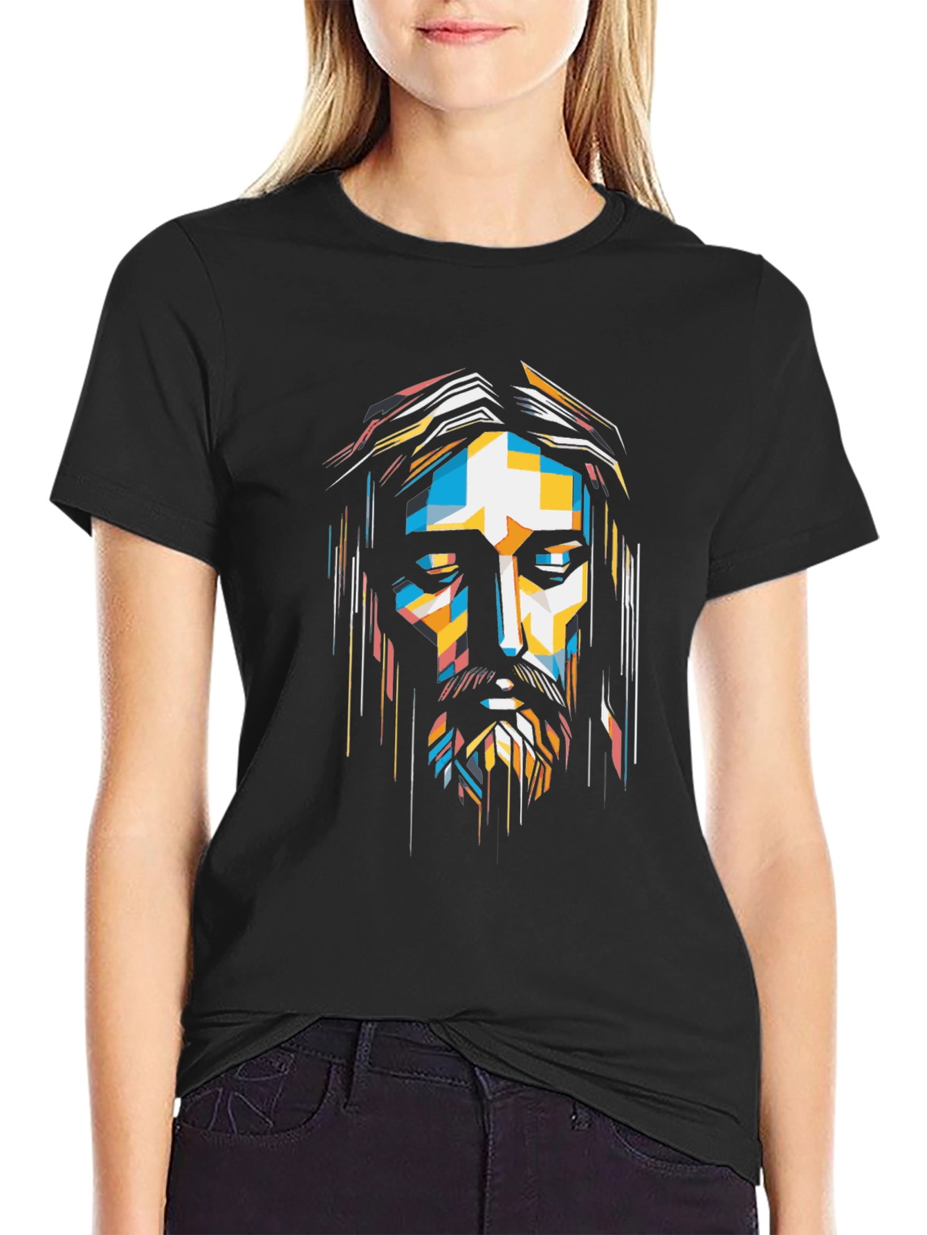 Abstract Geometric Jesus Graphic Print Black T-Shirt