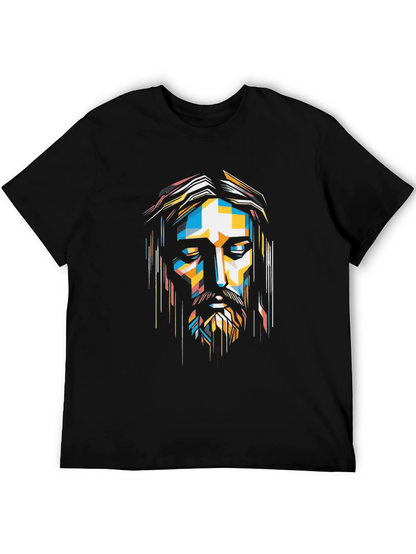Abstract Geometric Jesus Graphic Print Black T-Shirt