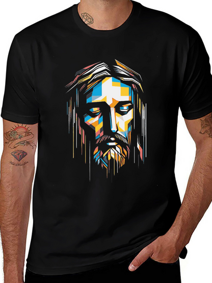 Abstract Geometric Jesus Graphic Print Black T-Shirt
