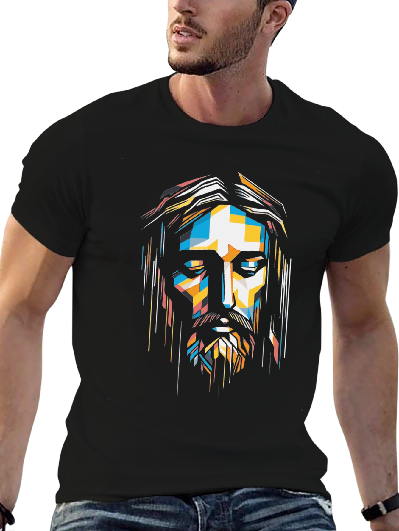 Abstract Geometric Jesus Graphic Print Black T-Shirt