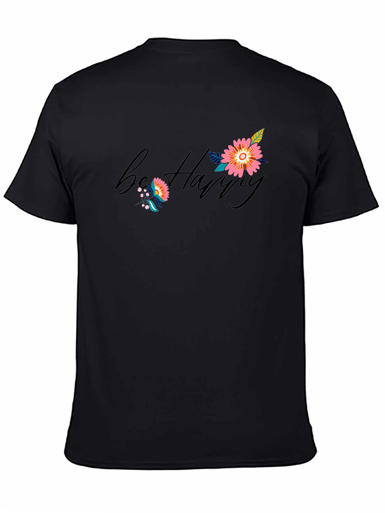 Be Happy Floral Print Black T-Shirt