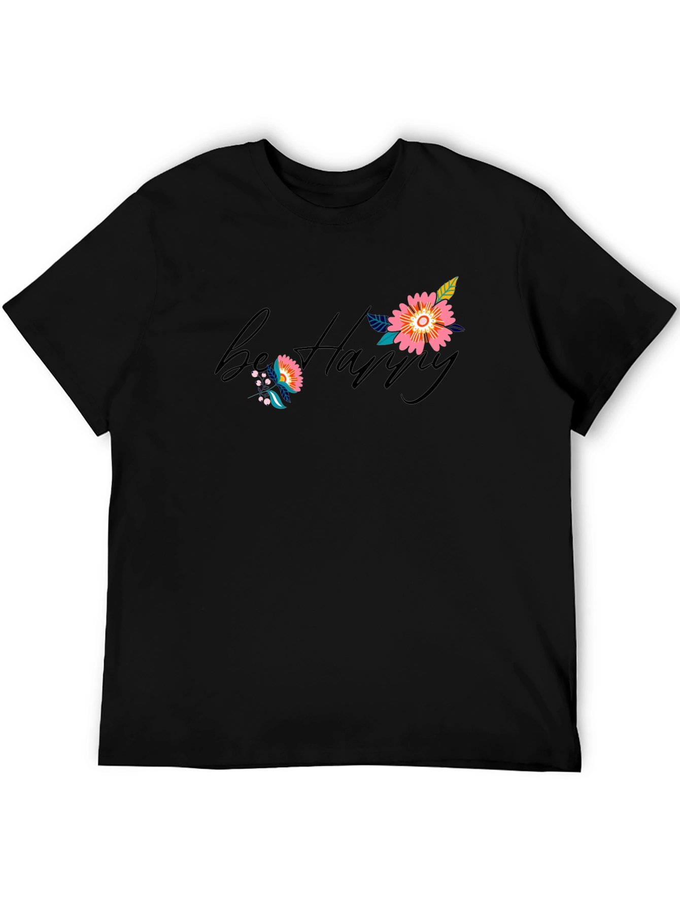Be Happy Floral Print Black T-Shirt