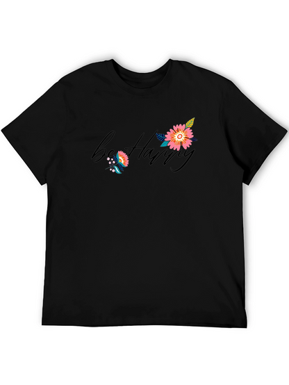 Be Happy Floral Print Black T-Shirt