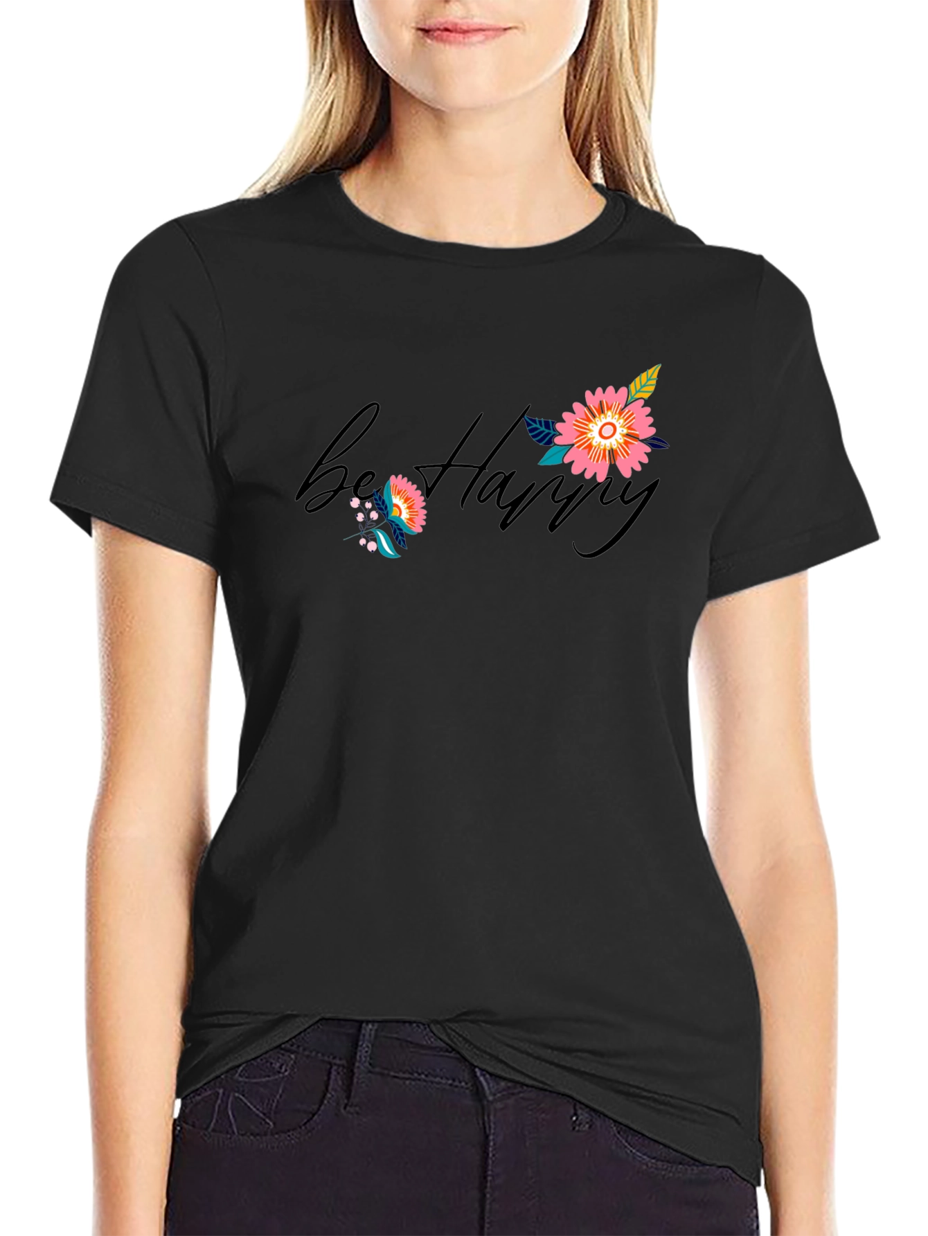 Be Happy Floral Print Black T-Shirt