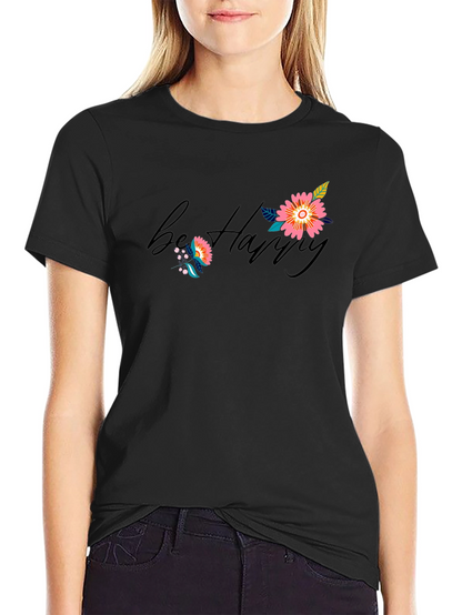 Be Happy Floral Print Black T-Shirt