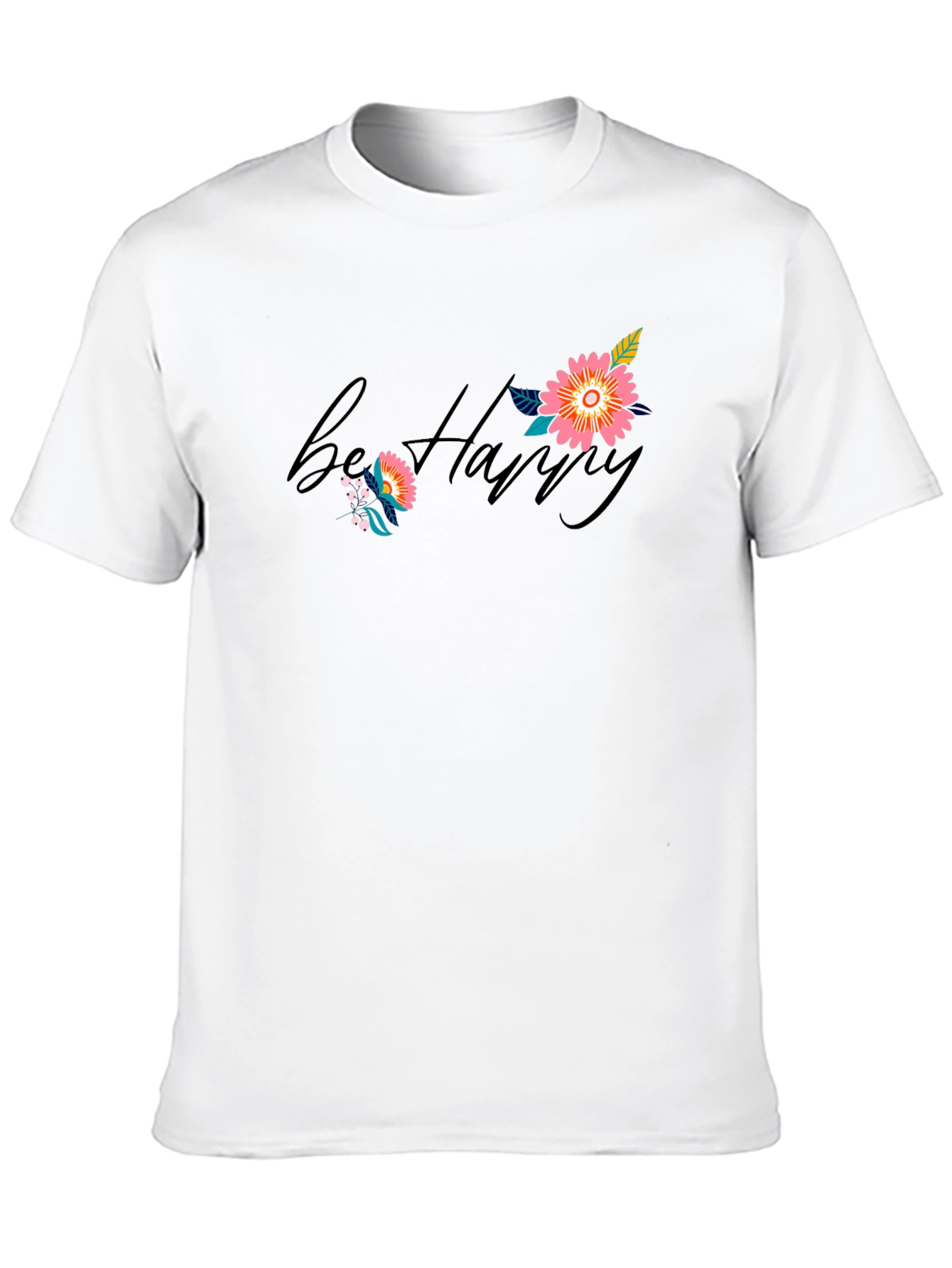 Be Happy Floral Print Black T-Shirt