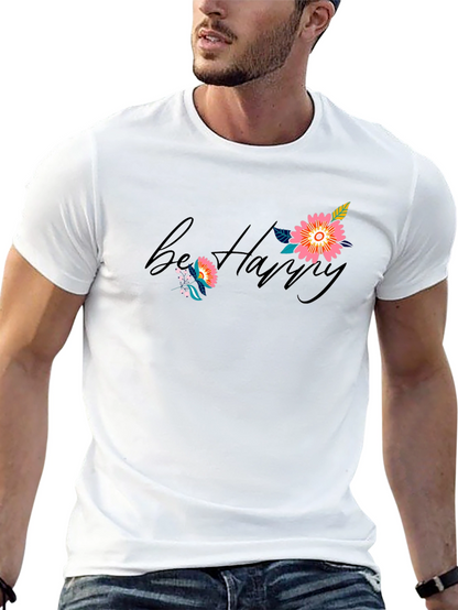 Be Happy Floral Print Black T-Shirt