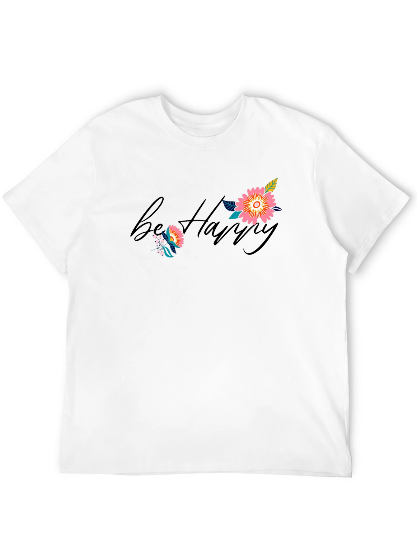 Be Happy Floral Print Black T-Shirt