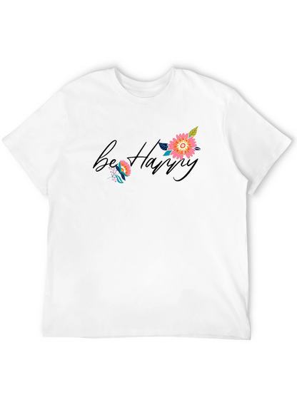 Be Happy Floral Print Black T-Shirt