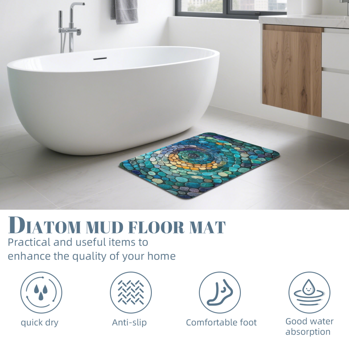 Mosaic Spiral Pebble Art Diatomite Bath Mat