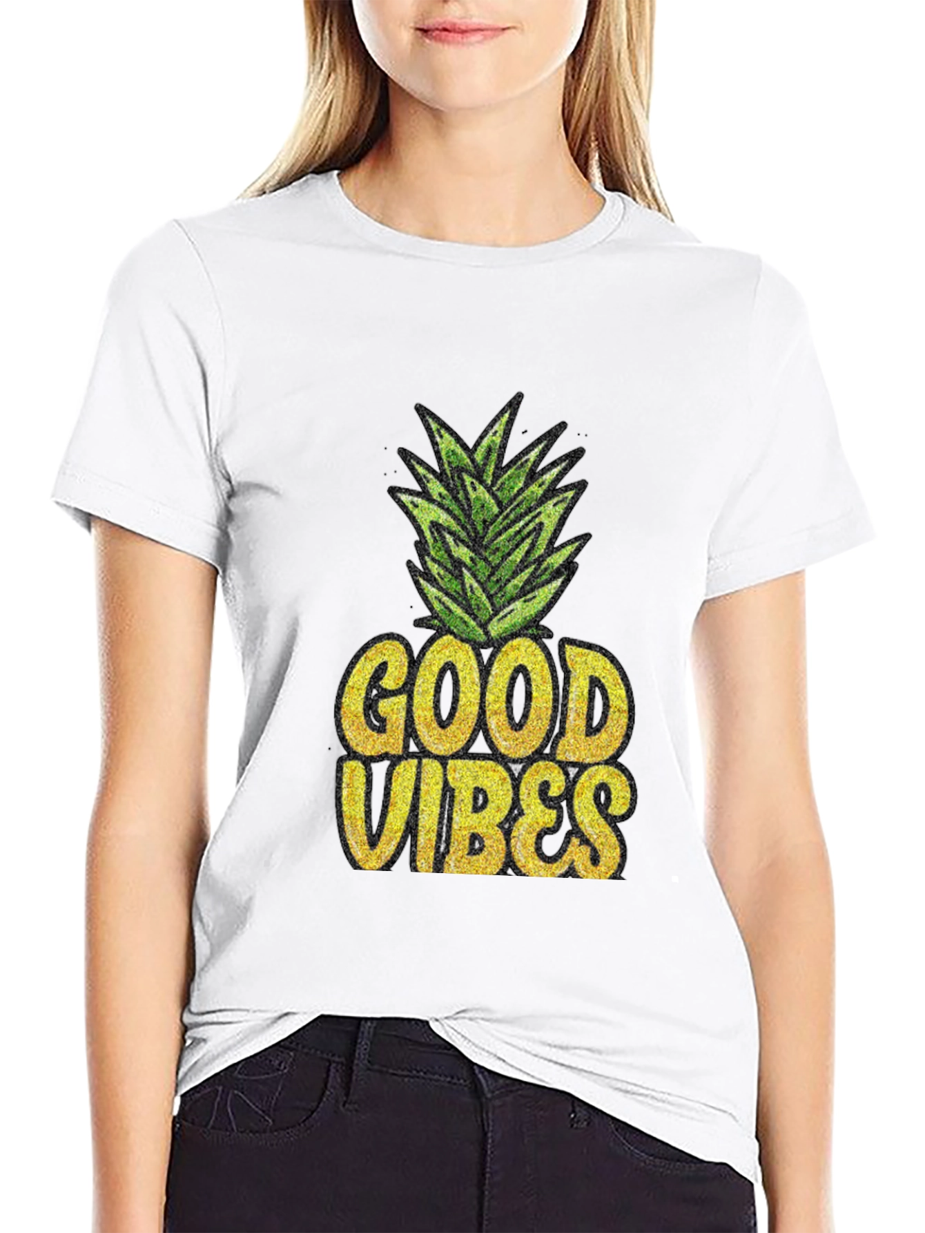 Good Vibes Pineapple Graphic Tee - Black Cotton T-Shirt