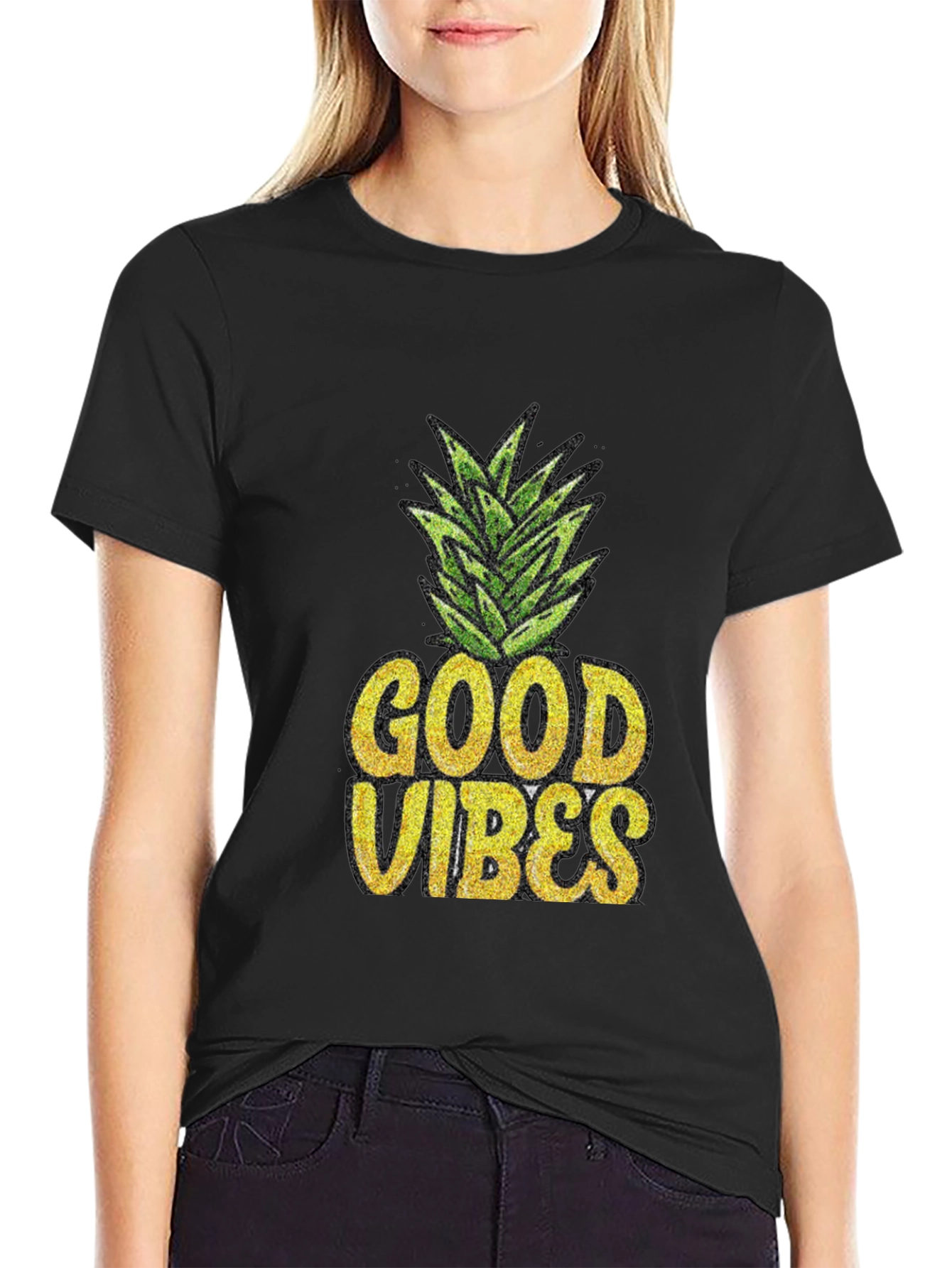 Good Vibes Pineapple Graphic Tee - Black Cotton T-Shirt