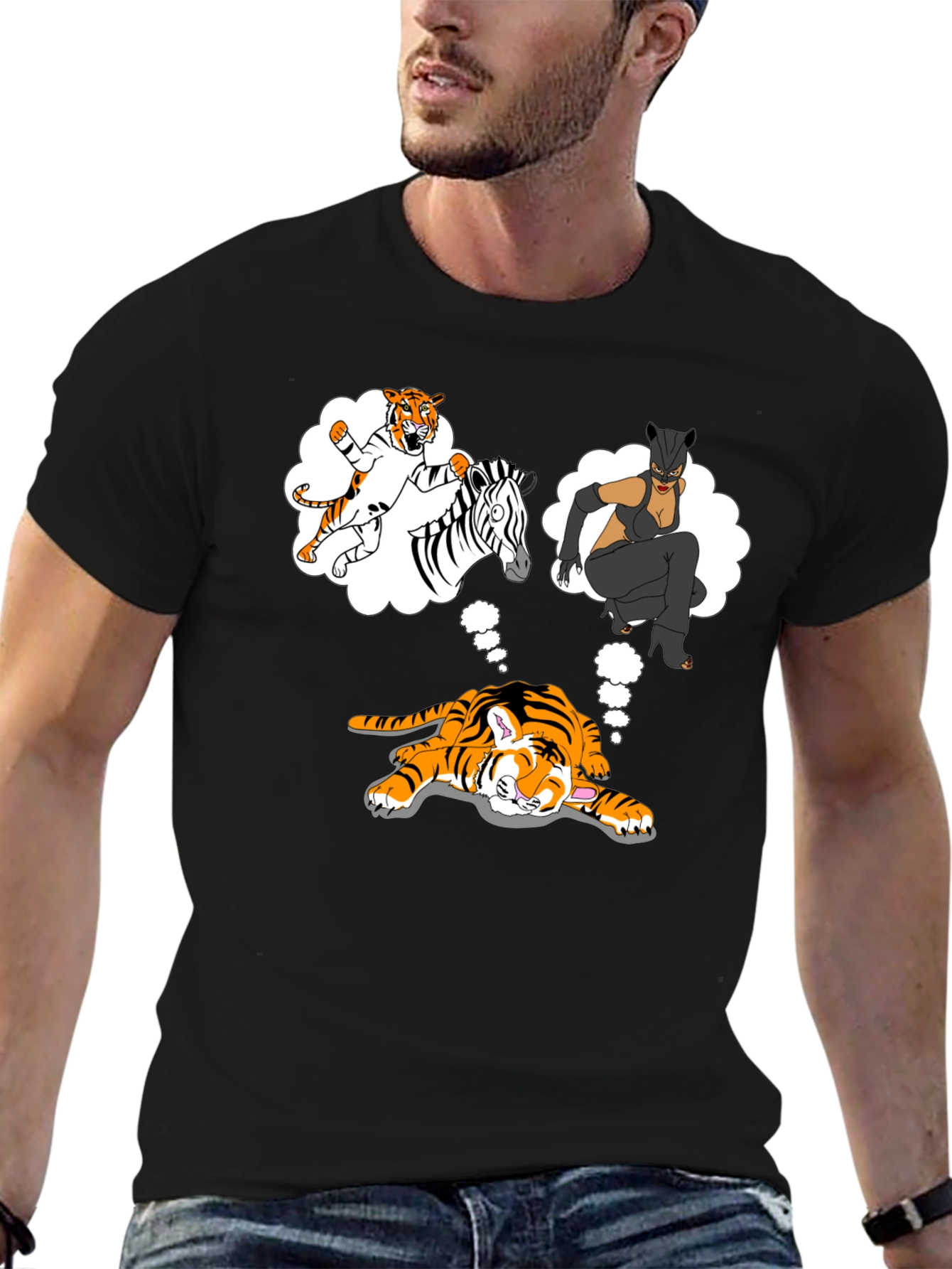 Dreaming Tiger Graphic Tee - Black Cotton T-Shirt