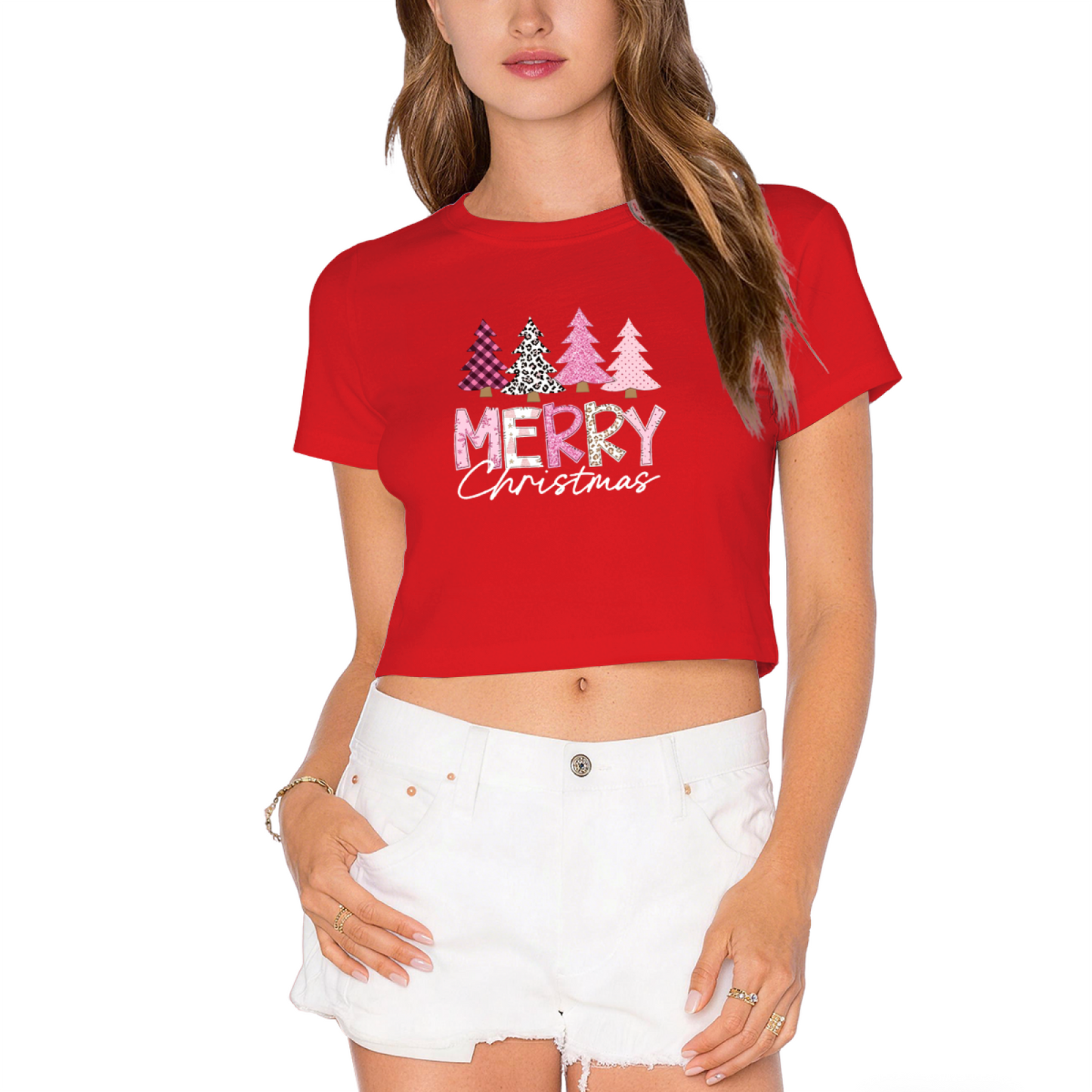Plaid Leopard Xmas Tree Merry Christmas Women Crop Top