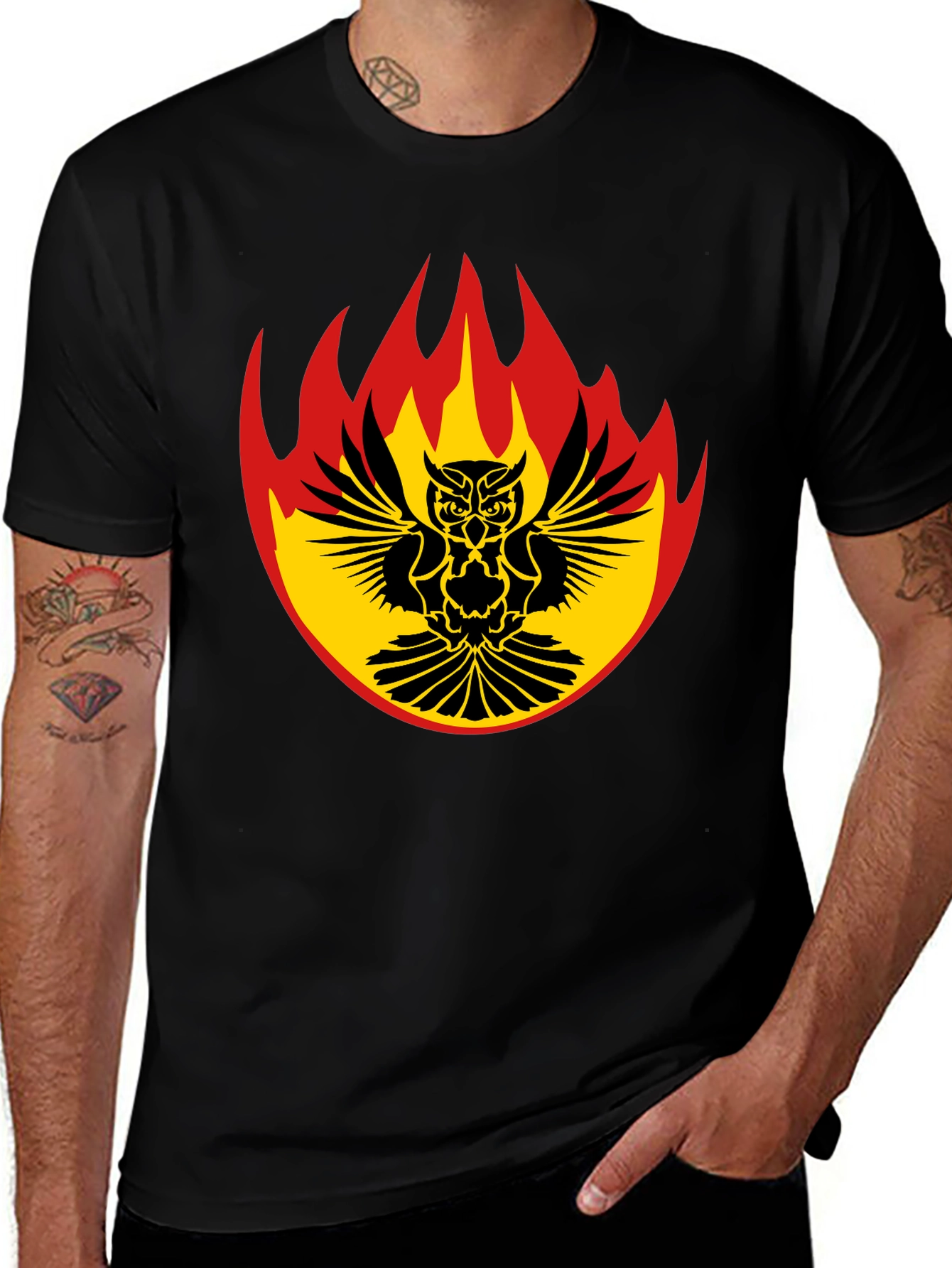 Fiery Owl Graphic Tee - Black Cotton Shirt