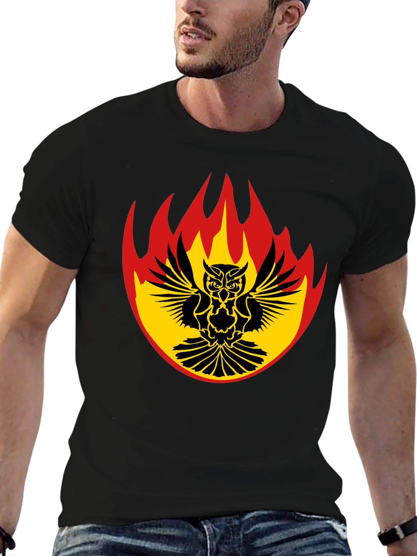 Fiery Owl Graphic Tee - Black Cotton Shirt