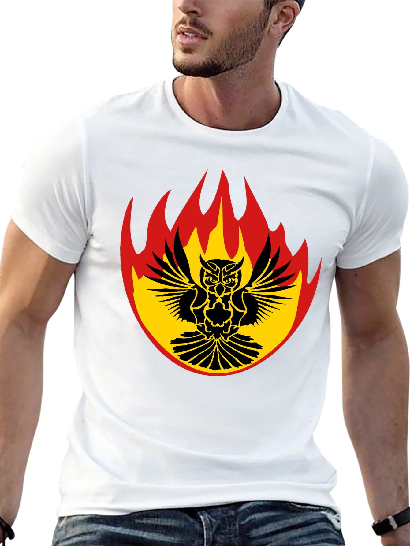 Fiery Owl Graphic Tee - Black Cotton Shirt