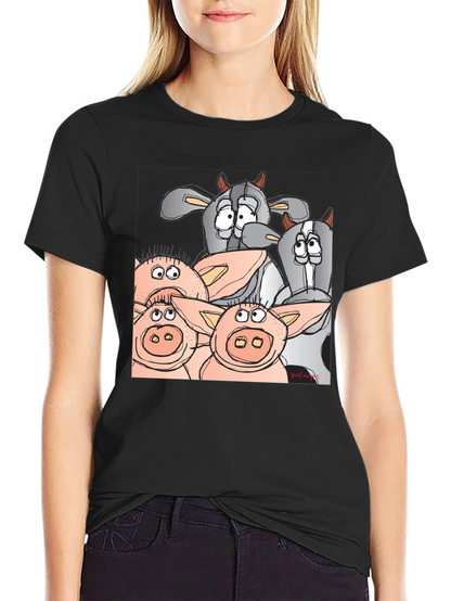 Funny Cartoon Farm Animal Black T-Shirt