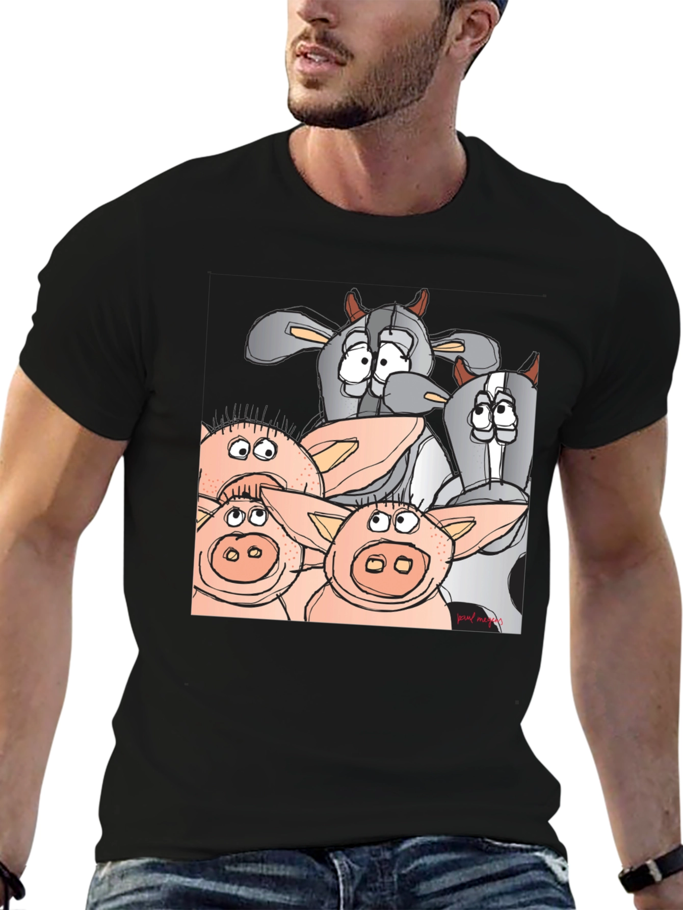 Funny Cartoon Farm Animal Black T-Shirt
