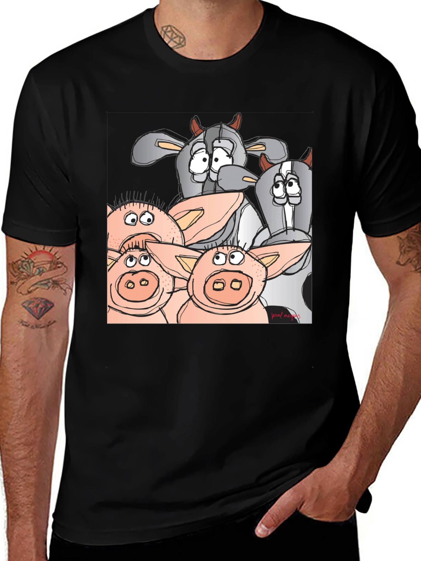 Funny Cartoon Farm Animal Black T-Shirt