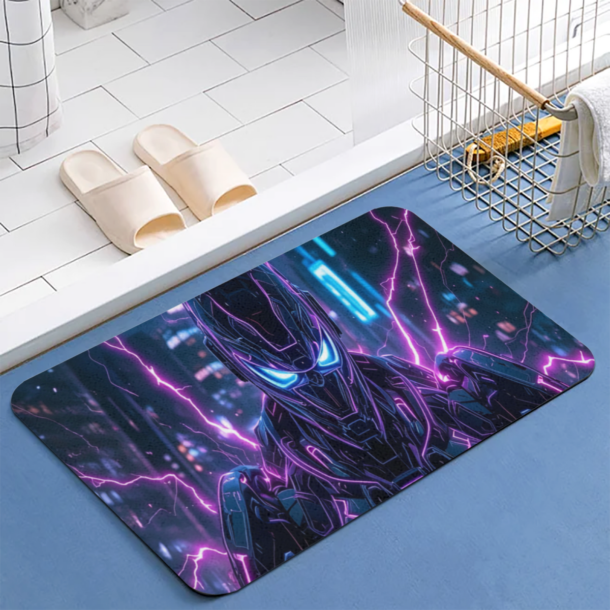 Cyberpunk Robot Neon Lightning Diatomite Bath Mat