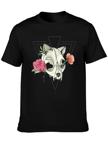 Skull & Floral Print Black T-Shirt