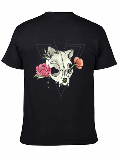 Skull & Floral Print Black T-Shirt
