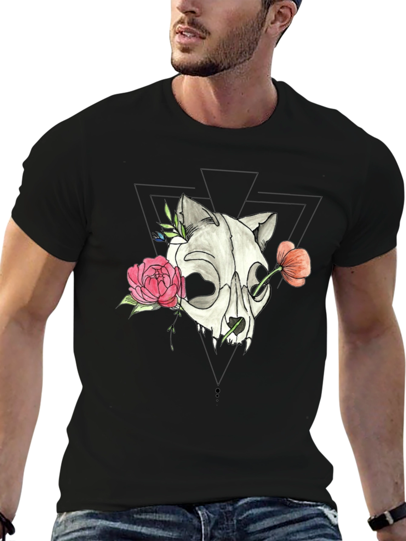 Skull & Floral Print Black T-Shirt