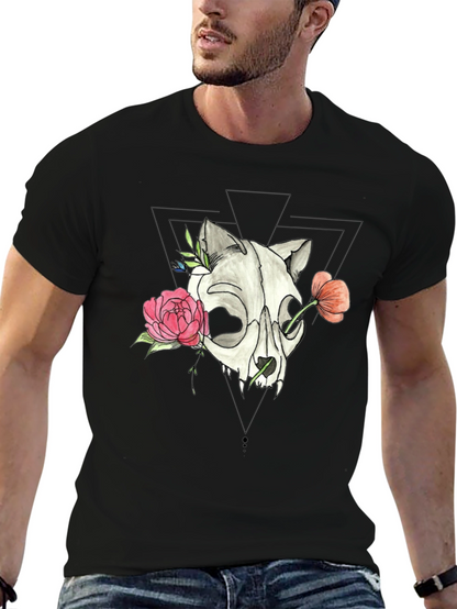 Skull & Floral Print Black T-Shirt