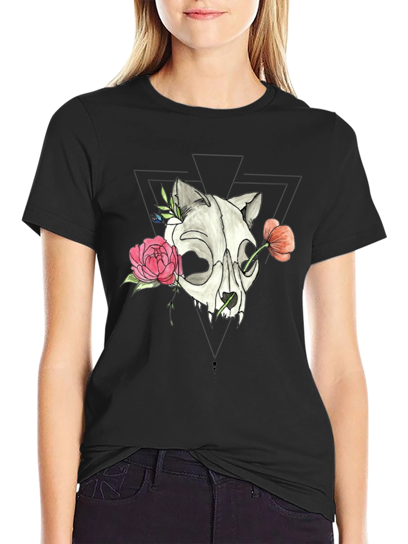 Skull & Floral Print Black T-Shirt