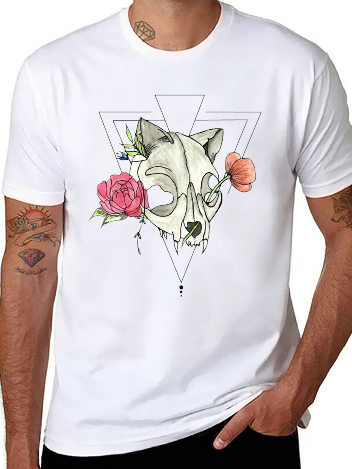 Skull & Floral Print Black T-Shirt