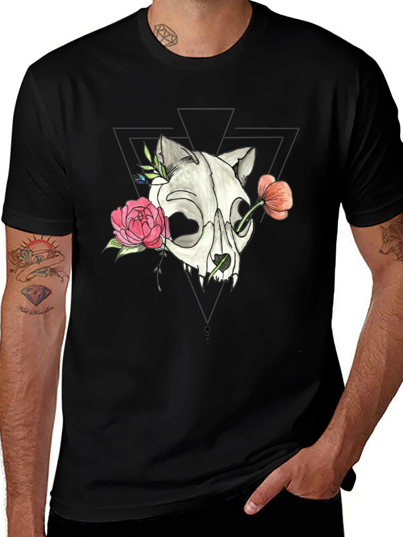Skull & Floral Print Black T-Shirt