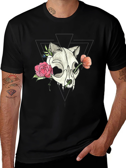 Skull & Floral Print Black T-Shirt