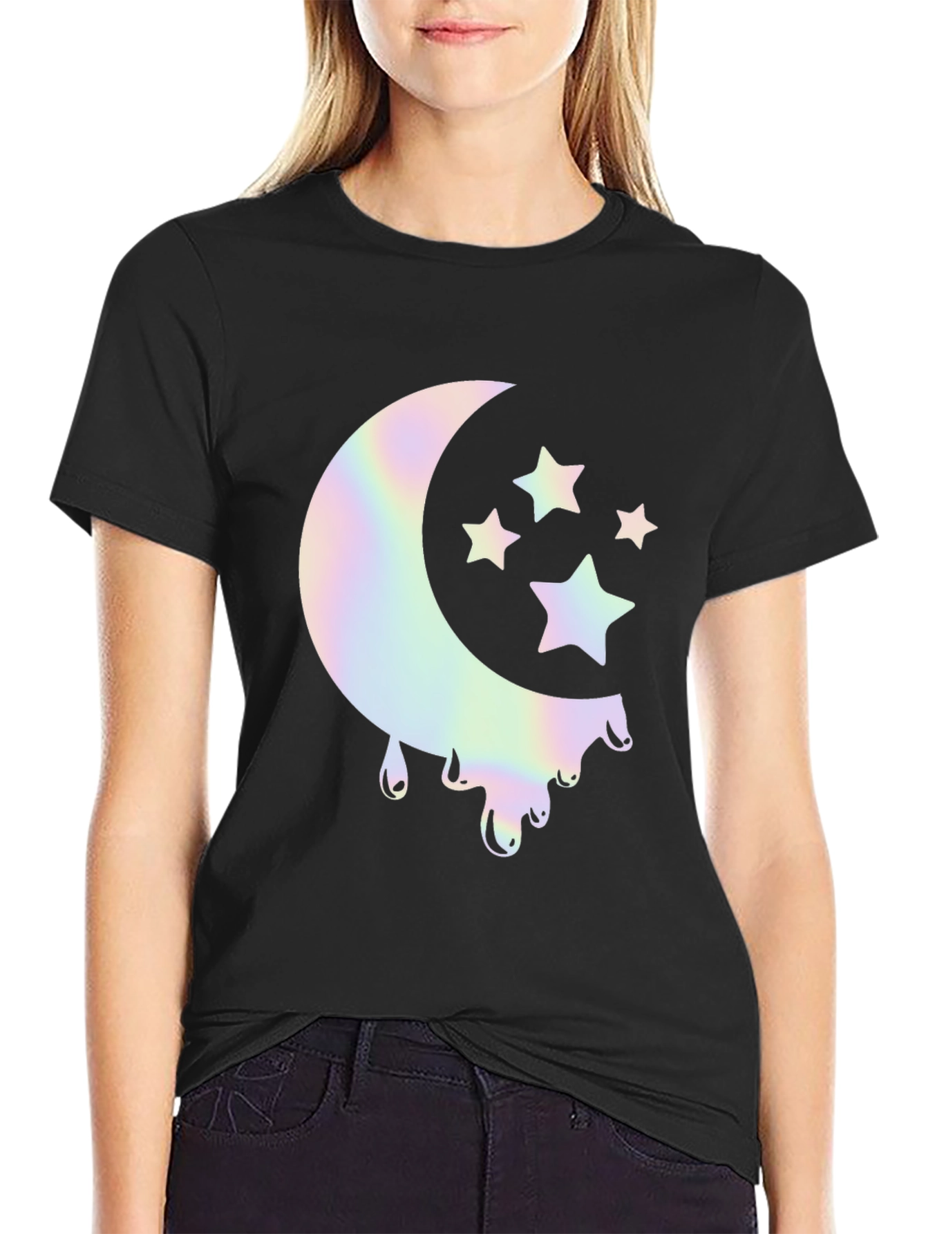 Moon and Stars Graphic Tee - Unique Holographic Design